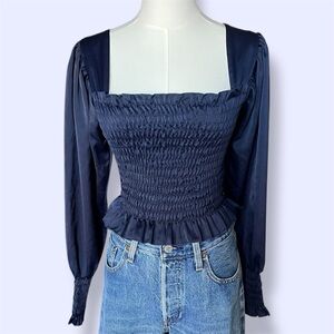 Lisa Says Gah satin navy blue long sleeve blouse